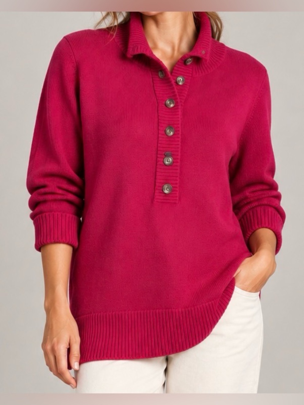 Eddie Bauer Fuchsia Button-Front Mock Neck Soft Micro-Knit Sweater - Size XL